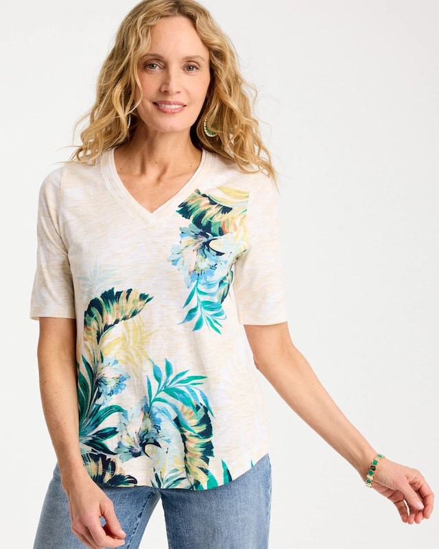 Printed Cotton Slub V-Neck Tee - image 1